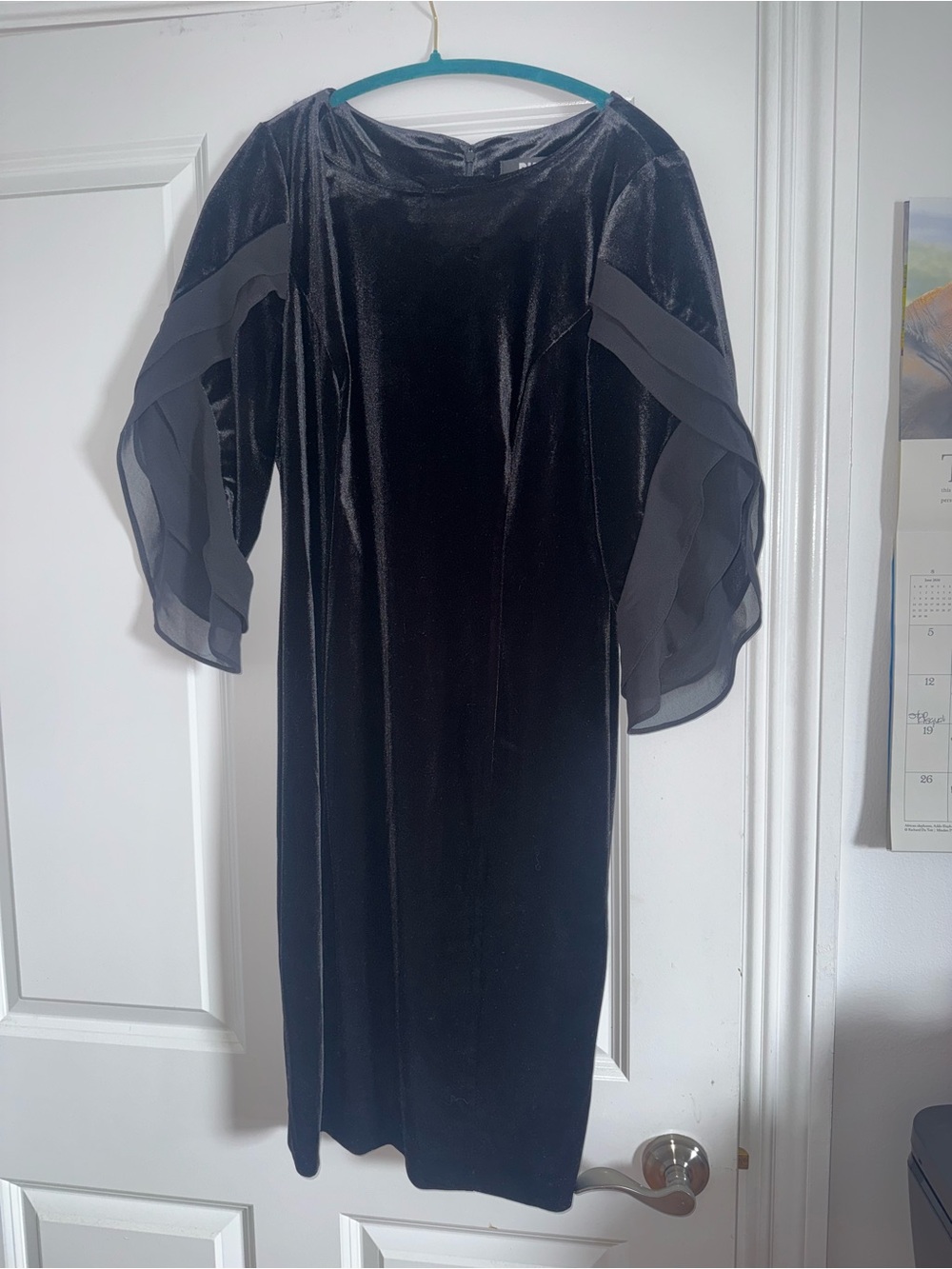 DKNY Black Velvet Midi Dress with Sheer Tiered Sleeves
